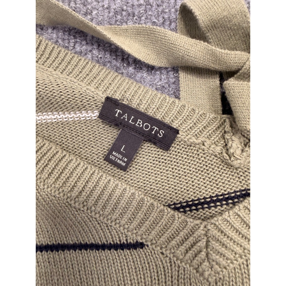 Talbots Striped V-Neck Sweater Womens Large Green 3/4 Sleeve Back Tie Knit Top - Picture 3 of 6